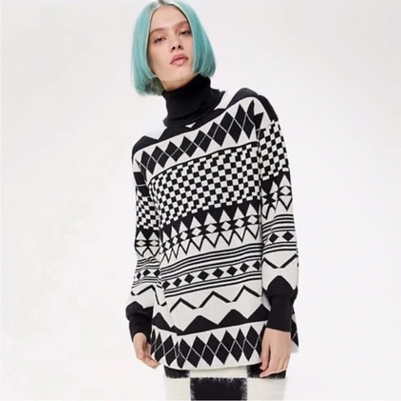Urban Outfitters Black & Cream Geometric Print Oversized Knit Turtleneck M - Picture 3 of 9